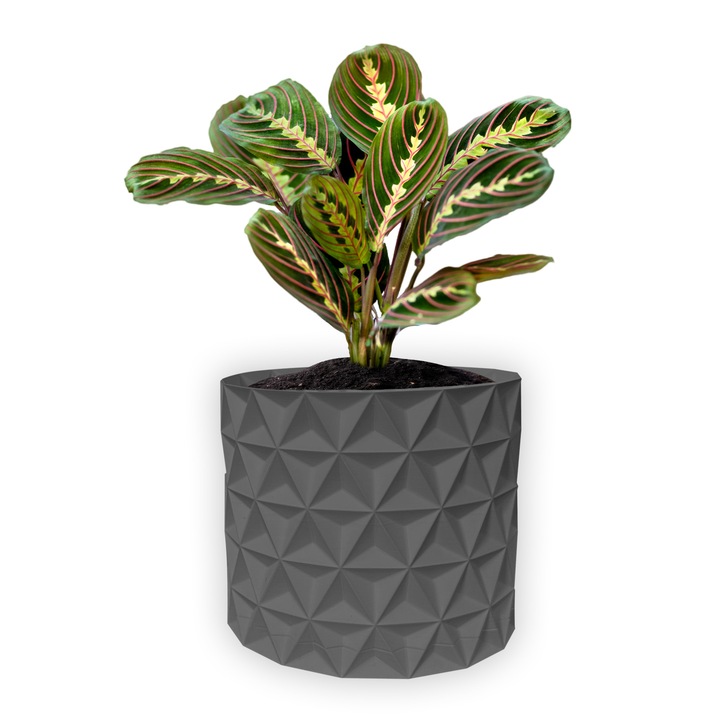 Ghiveci de flori 3d, Trigrix, rotund 13 x 12 cm, Culoare Gri