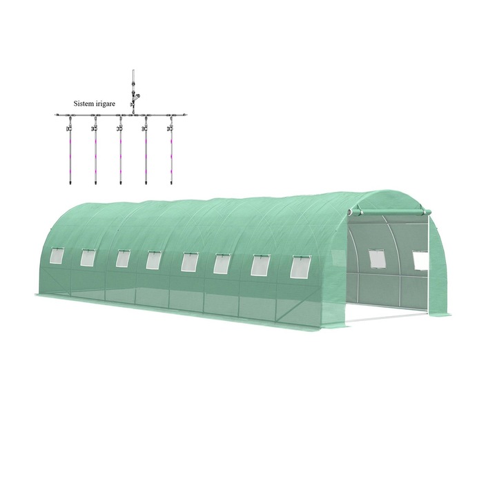 Solar gradina DacEnergy©, tevi din otel, folie PE 180g/m2, 16 ferestre cu plasa de tantari, suprafata totala 32m2, 2 intrari de acces, sistem de irigare inclus, 8 x 4 x 2.5 m, rezistenta la UV 6%, verde