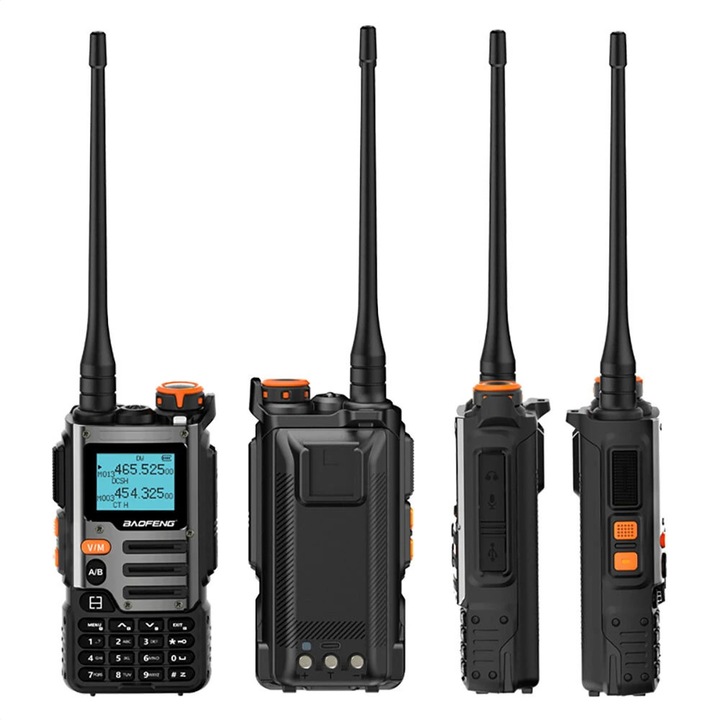 Statie Walkie-Talkie Baofeng UV-K68, Dual Band, 5W, 136-174/400-520MHz, Afisaj 1.44", Scanare VFO, Canal meteo NOAA, Baterie reincarcabila, 1x set portabil, USB-C
