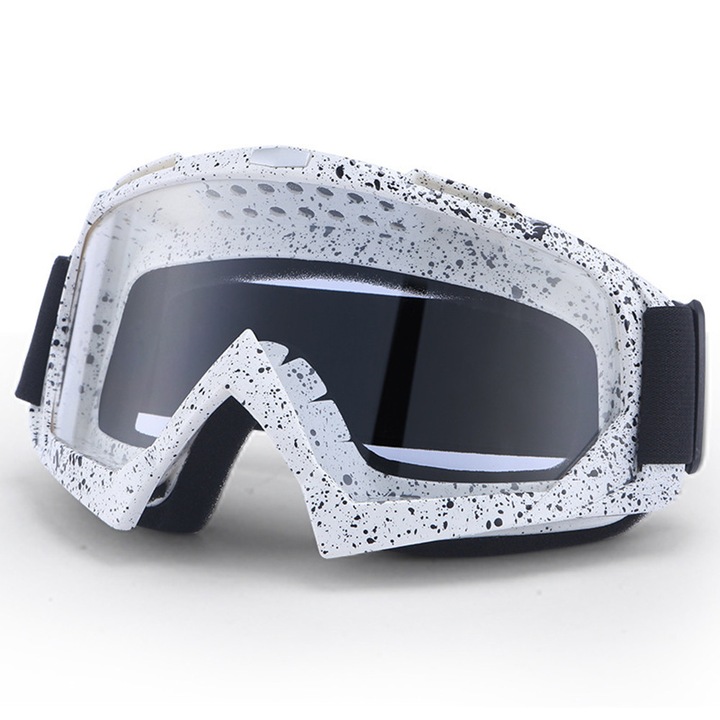 Ochelari antiventos pentru motociclete, ochelari de schi, ABS, reglabil, cadra alba, punct negru + lentile transparente