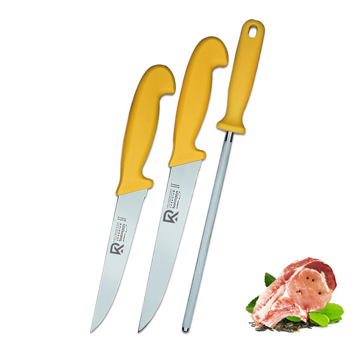 RKA Set 3 cutite de macelar Solingen, 2 Cutit de carne de 20 cm si 18 cm, 1 Bara de ascutit cutite 22,5 cm, pentru transare si carne - otel german 1.4116