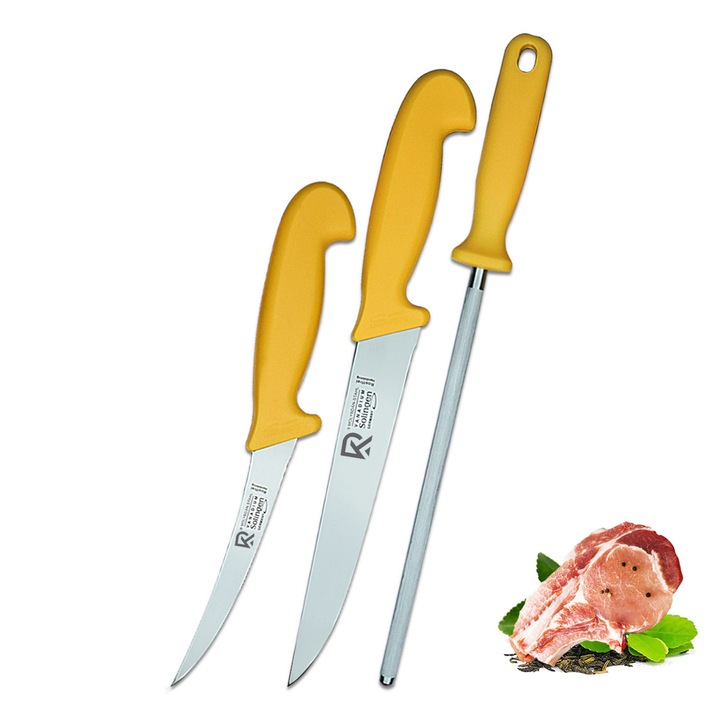 RKA Set 3 cutite de bucatarie Solingen – cutit de macelar, cutit de bucatar, cutit de sacrificare + tija pentru ascutit cutite – Otel german 1.4116