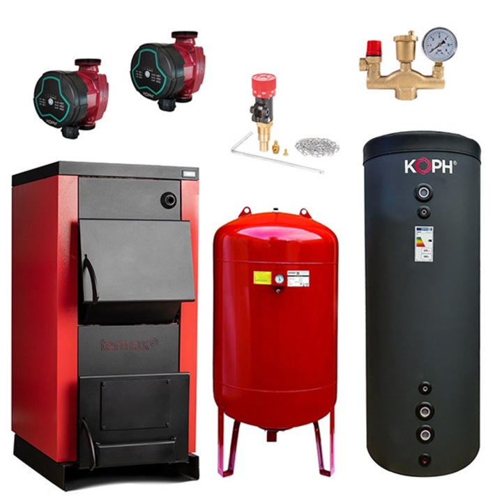 Pachet Centrala/Cazan pe lemn Termax 30 kW, cu ardere standard, volum manta apa 90 litri, Vas expansiune, Puffer 750 l, Pompe recirculare, Grup Siguranta