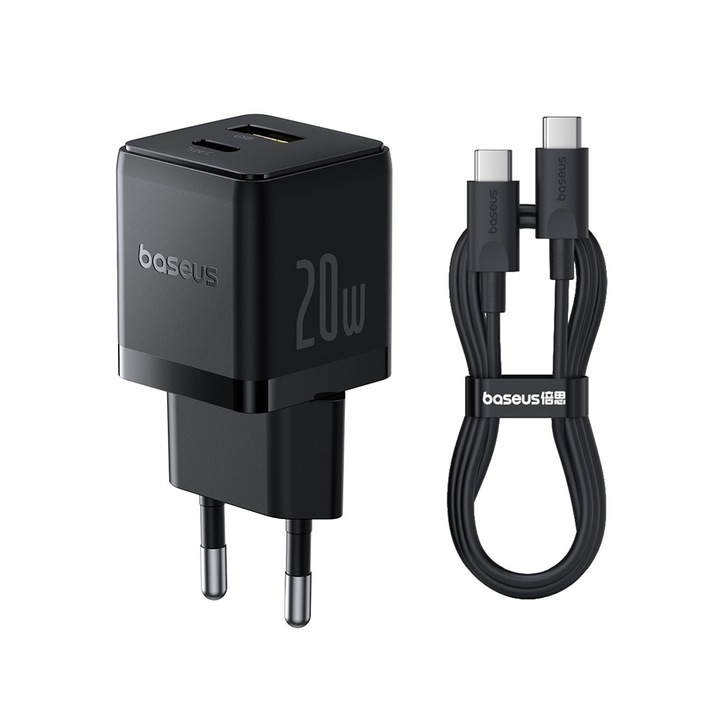 Incarcator de retea Baseus P10111608113-01, port USB-C, 2E+1 W, cu cablu inclus, culoare Negru
