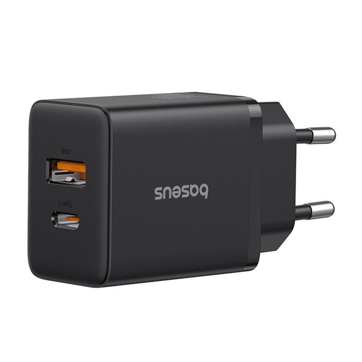 Încărcător, USB-C, Incarcare rapida, 30W, Baseus, 2 mufe, Negru