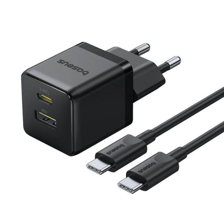Incarcator de retea Baseus P1011160A113-01, port USB-C, 3E+1 W, cu cablu inclus, culoare Negru