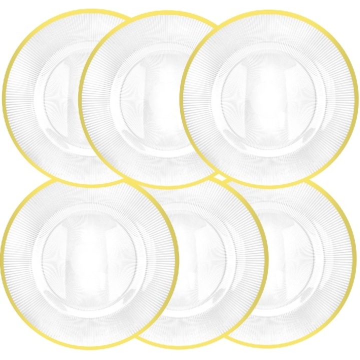 Set 6 farfurii suport RAKI 33cm polipropilena cu nervuri transparent cu margine aurie