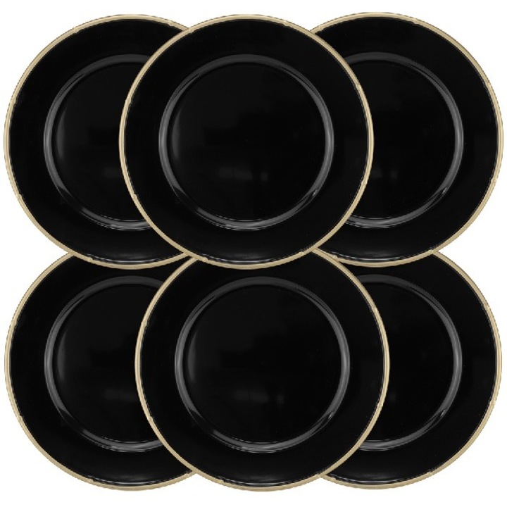 Set 6 farfurii suport RAKI 33cm polipropilena neagra cu margine aurie
