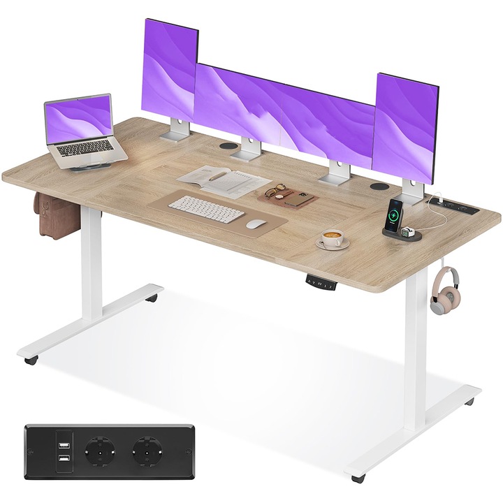 Електрически регулируемо бюро Dollcini – с USB портове и ергономичен дизайн, 140*54, цвят дърво