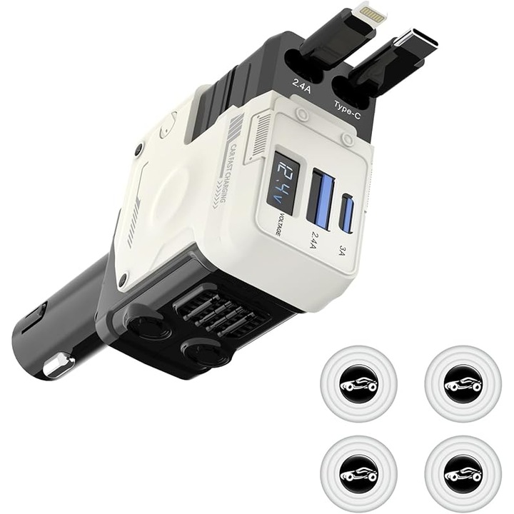 Set Incarcator auto retractabil 4 in 1 TechEeee, 69W, cu 4 amortizoare, cabluri extensibile 80 cm, 2 porturi USB, adaptor bricheta, esential pentru drumuri, Alb
