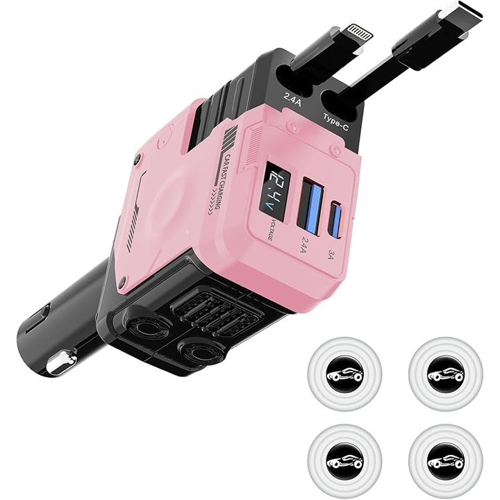 4 az 1-ben kihúzható autós töltő, 69 W, 4 lengéscsillapítóval, kihúzható kábelekkel (80 cm), 2 USB porttal, szivargyújtó adapterrel, nélkülözhetetlen útközben, iPhone 16 kompatibilis, TechEeeee, Rózsaszín