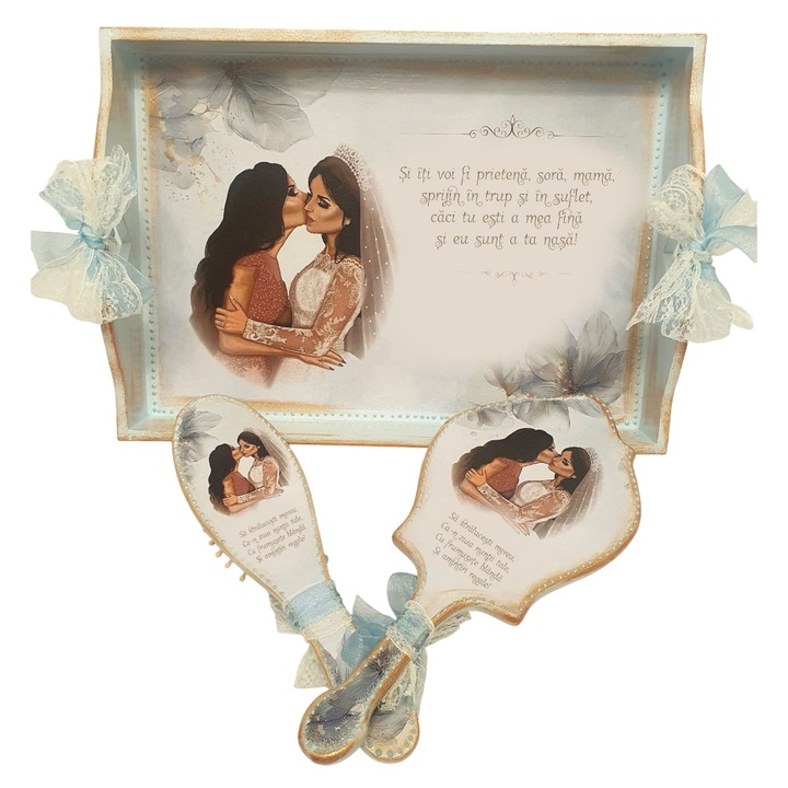 Set Gatitul Miresei Personalizat – Tava, Oglinda si Perie cu Ilustratie Mireasa si Nasa, Decor Elegant in Nuante Albastre