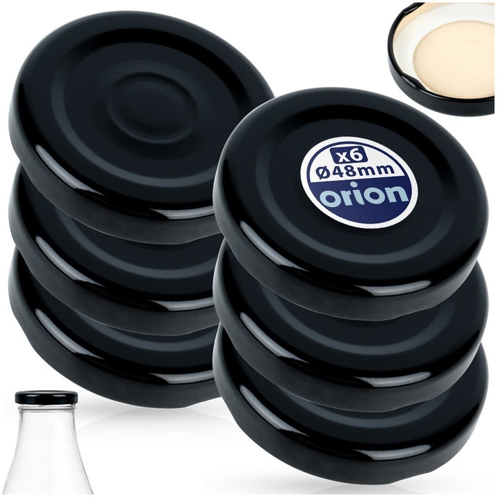 Комплект от 6 капачки за бутилки, Orion, 4.8 см, черни, четири щипки, издръжливи, херметически затворени, за многократна употреба