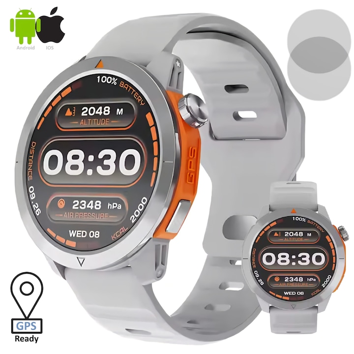 ZENARK XN7 LITE okosóra, AMOLED Ultra HD 4K képernyő, ütésálló, IP68 víz alatti védelemmel, 3 ATM-ig, iránytű, beépített GPS, magasságmérő, barométer, 24 órás pulzusmérő funkció, alvás, vérnyomás, SpO2, légzés, stressz, 100+ sportmód, szürke