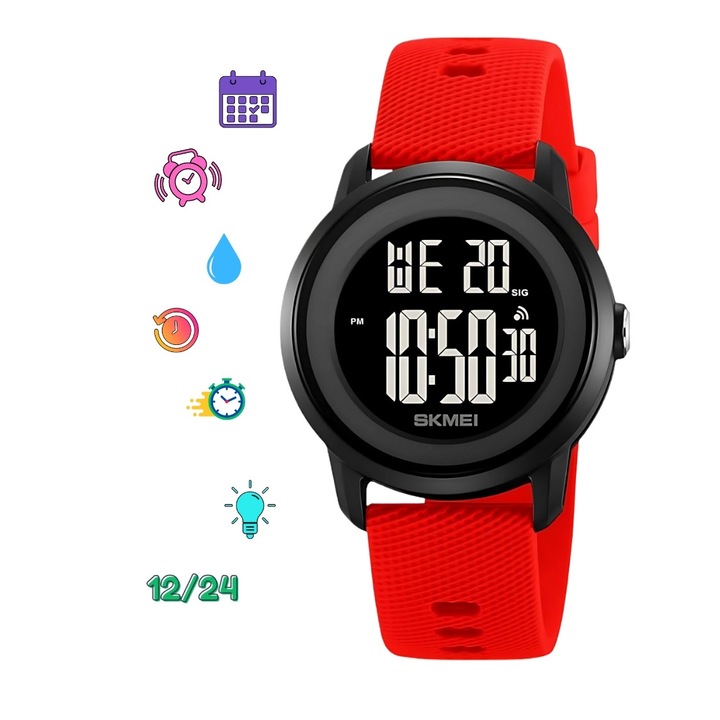 Ceas Digital Pentru Copii, Rezistent la Apa, Cu Functii de Cronometru, Alarma, si Calendar, Ideal pentru Micile Aventuri, AZ PRODUCTS®, Rosu