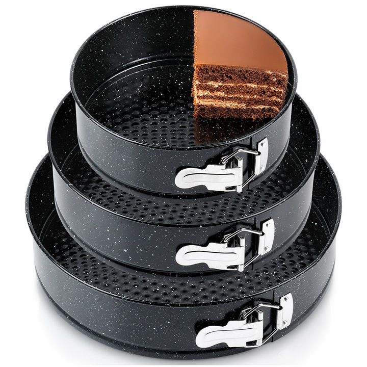 Set 3 Forme De Tarta, Vilde, 20x20x6.8 cm, 24x24x6.8 cm, 28x28x6.8 cm, Grafit, Material Otel Carbon Cu Acoperire Granitica, Rezistent La Temperaturi Ridicate Pana La 230°C, Coacere Uniforma, Margini Detasabile Pentru Confortul Utilizarii