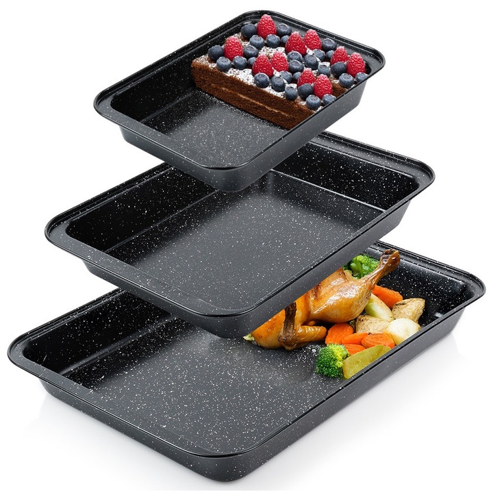 Set 3 Tavi Granit, Vilde, 28x19x5 cm, 37.5x25.5x5 cm, 47.5x32x5.5 cm, Grafit, Otel Carbon Cu Strat Granit, Rezistent La Temperaturi Ridicate Pana La 230°C, Coacere Uniforma, Margine Inalta Pentru Confort Sporit La Coacere