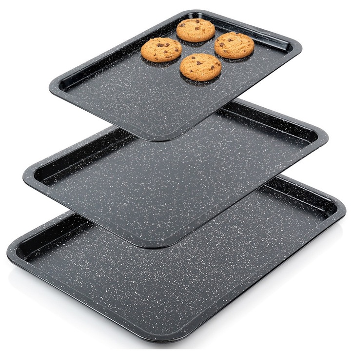 Set 3 Tavi De Copt, Vilde, 38x26.5x1.5 cm, 43x29x2 cm, 46.5x32.5x2.5 cm, Grafit, Otel Carbon Cu Acoperire Granit, Coacere Uniforma, Utilizare Universala, Margine Mai Inalta Pentru Confort Sporit La Coacere