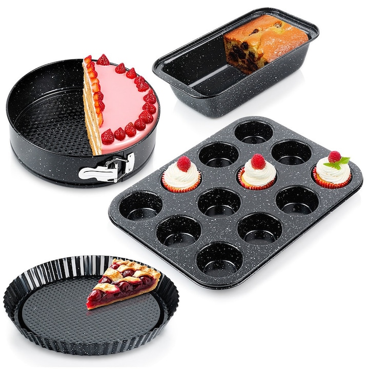 4 db-os sütőforma-készlet, Vilde, 25,5x13x6 cm, 24x24x6,8 cm, 35x26,5x3 cm, 28x3 cm, grafit, gránitbevonatú szénacél, akár 230°C-ig hőálló, egyenletes sütés, könnyen tisztítható