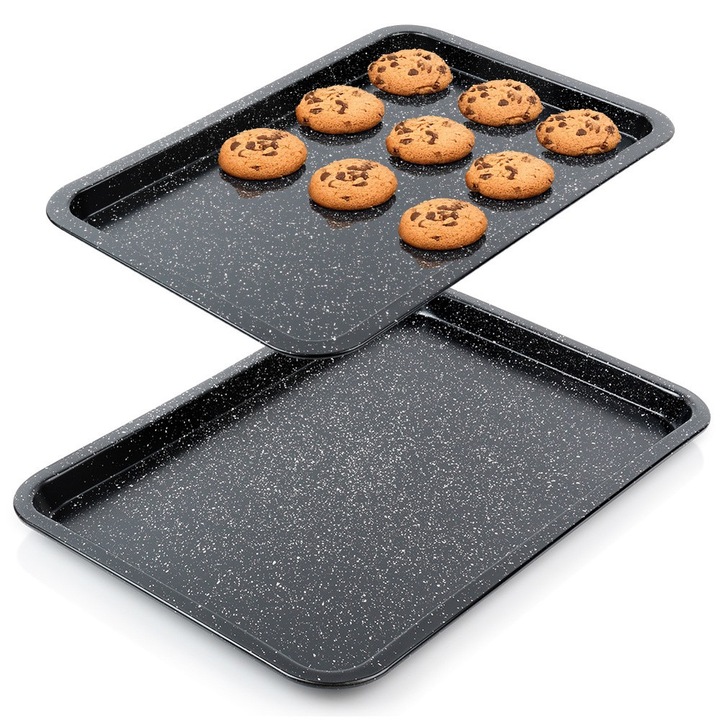 Set 2 Tavi De Copt, Vilde, 43x29x2 Cm Si 46.5x32.5x2.5 cm, Grafit, Otel Carbon Cu Acoperire Granit, Rezistente La Temperaturi Ridicate Pana La 230°C, Coacere Uniforma, Margine Mai Inalta Pentru Confort Sporit La Coacere