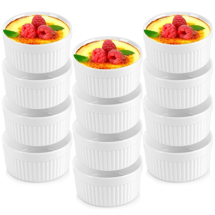 Set 12 Boluri Rezistente La Caldura, Vilde, 260 ml, 10x10x5 cm, Alb, Ceramica, Rezistente La Temperaturi De Pana La 350°C, Potrivite Pentru Masina De Spalat Vase Si Cuptorul Cu Microunde