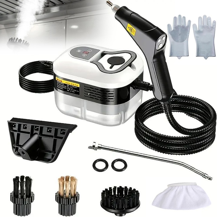 Aparat de curatat cu abur, 2500W, 4.5Bar, 6 Viteze, rezervor 1200 ml, cu 3 perie, racleta de sticla, Manusa de curatare - pentru Casa, Masina, Bucatarie, Mobilier
