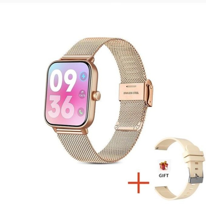 Смарт часовник SET PRO, РОЗОВ цвят, седмица, размер на екрана 36-40 мм, включена защита на екрана в комплекта, водоустойчив, спортен, каишка в 2 варианта, метална и силиконова, съвместим с Android, IOS, резолюция 640x480, батерия 200mAh