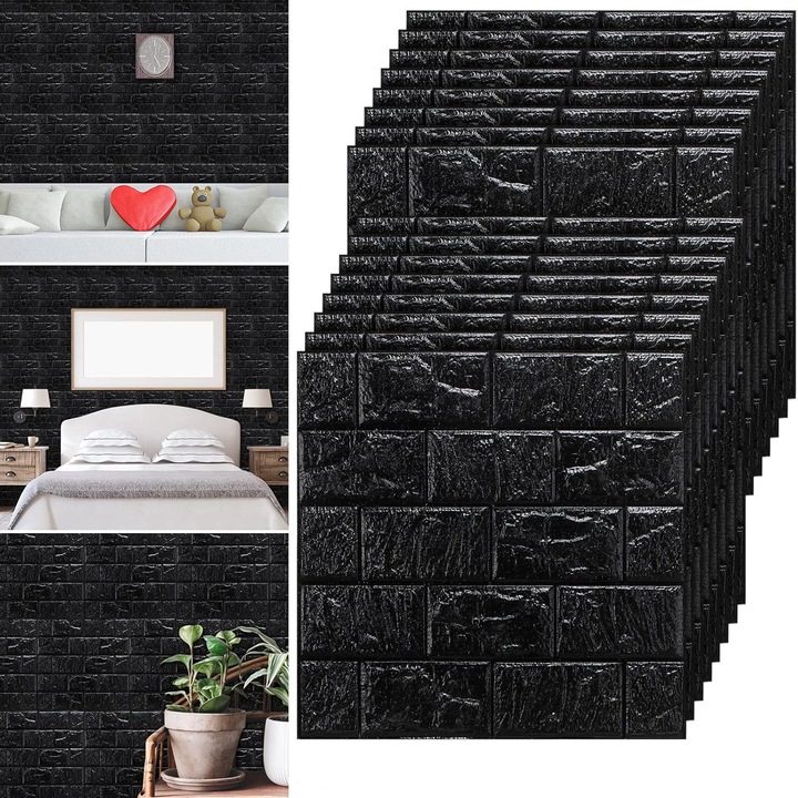 Комплект 30 броя 3D стенни панела, самозалепващи се декоративни тухлени тапети, водоустойчиви, 35x38.5CM (черни)
