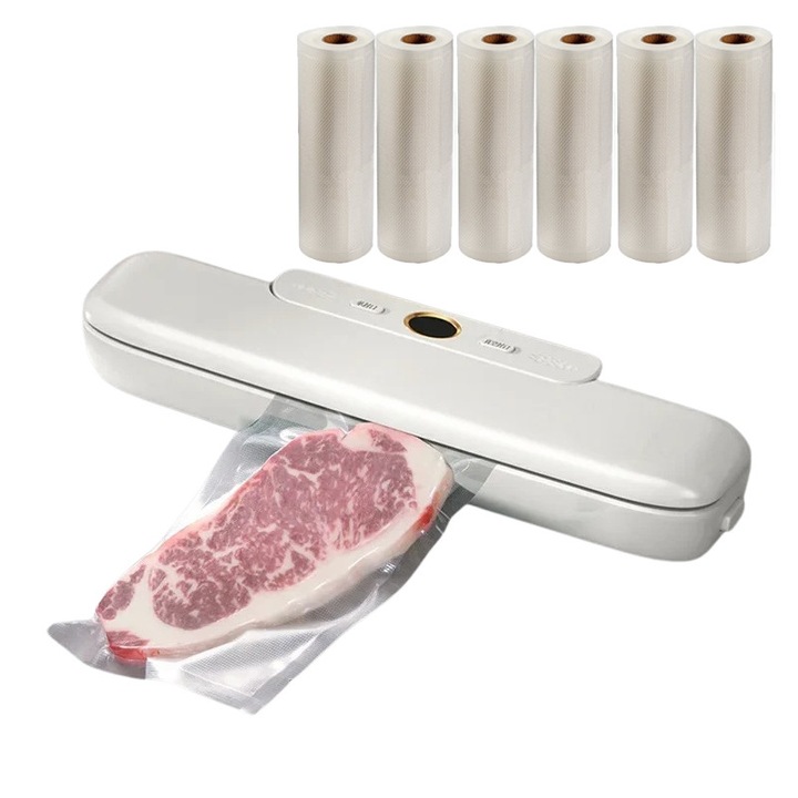 Set aparat de vidat si sigilat alimente umede/uscate + 6 role 500x17cm NEXTLY, functii de vidare si sigilare in mod automat/manual/separat, timp reglabil, afisaj digital secunde ramase, 30cm bara de lipire, protectie supraincalzire, 120W, alb