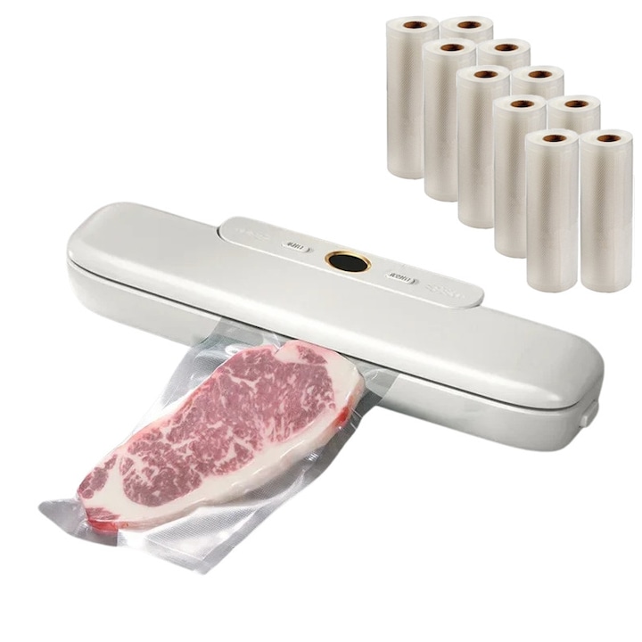 Set aparat de vidat si sigilat alimente umede/uscate + 10 role 500x17cm NEXTLY, functii de vidare si sigilare in mod automat/manual/separat, timp reglabil, afisaj digital secunde ramase, 30cm bara de lipire, protectie supraincalzire, 120W, alb