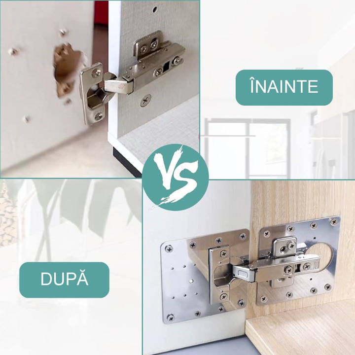 Set Reparatie Balamale Pentru Dulapuri Profesional SUPER TRENDS®, 2 Placi Metalice Otel Inoxidabil 9x9 cm, 12 Suruburi, Argintiu