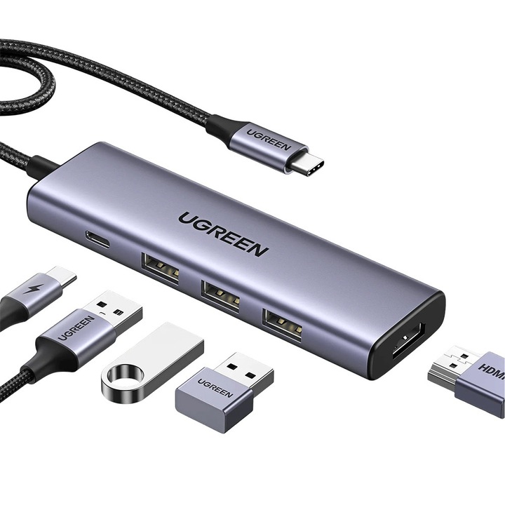 Мултипортен хъб, тънък, USB-C, 3x USB, HDMI, PD100W, 5Gbps, 4K, 0.2м, L31, Alumix, Ugreen 15596, L31, Alumix, Метално сив