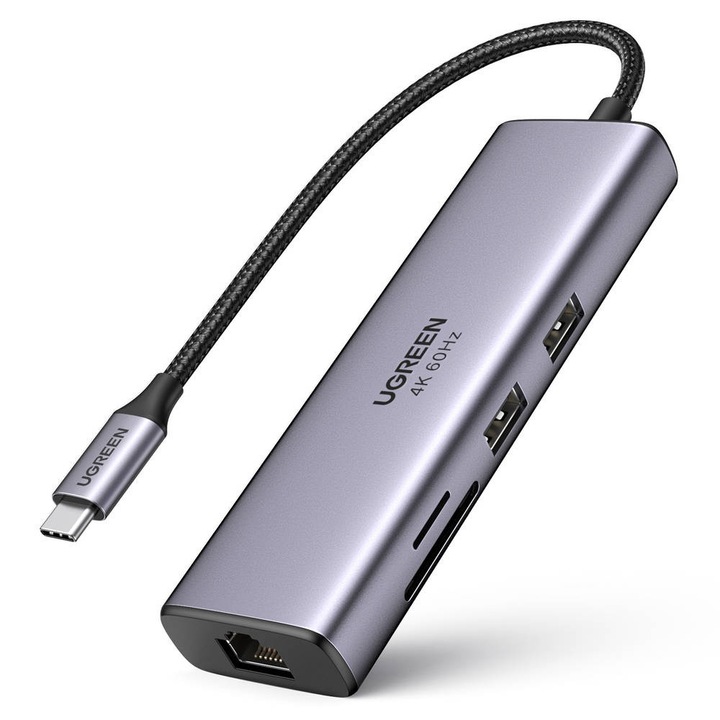 Многопортов хъб, USB3.2, Type-C, HDMI, RJ45, PD100W, 0.2м, L36, Alumix, Ugreen 60515, L36, Alumix, Метално сив
