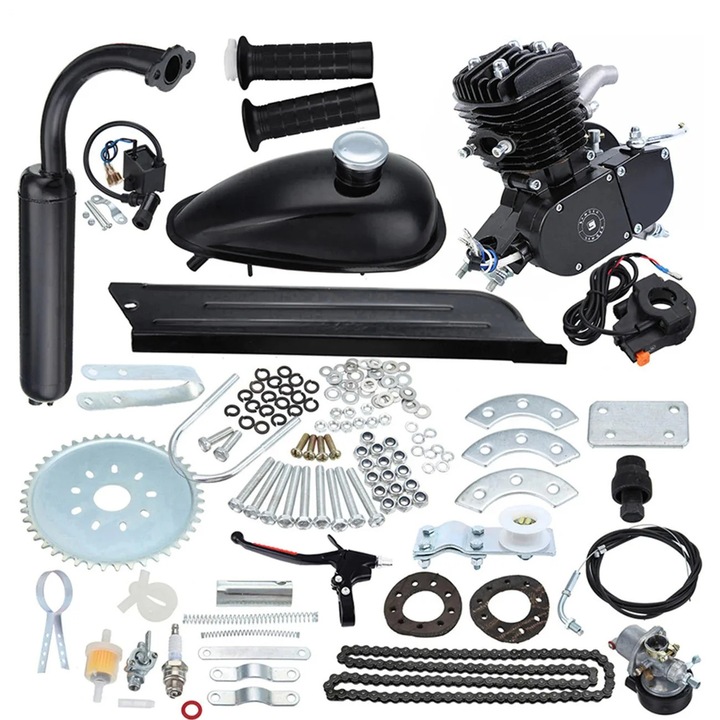 Benzinmotor készlet, 2 ütemű 50cc, motorkerékpár átalakítás, fekete, komplett szett