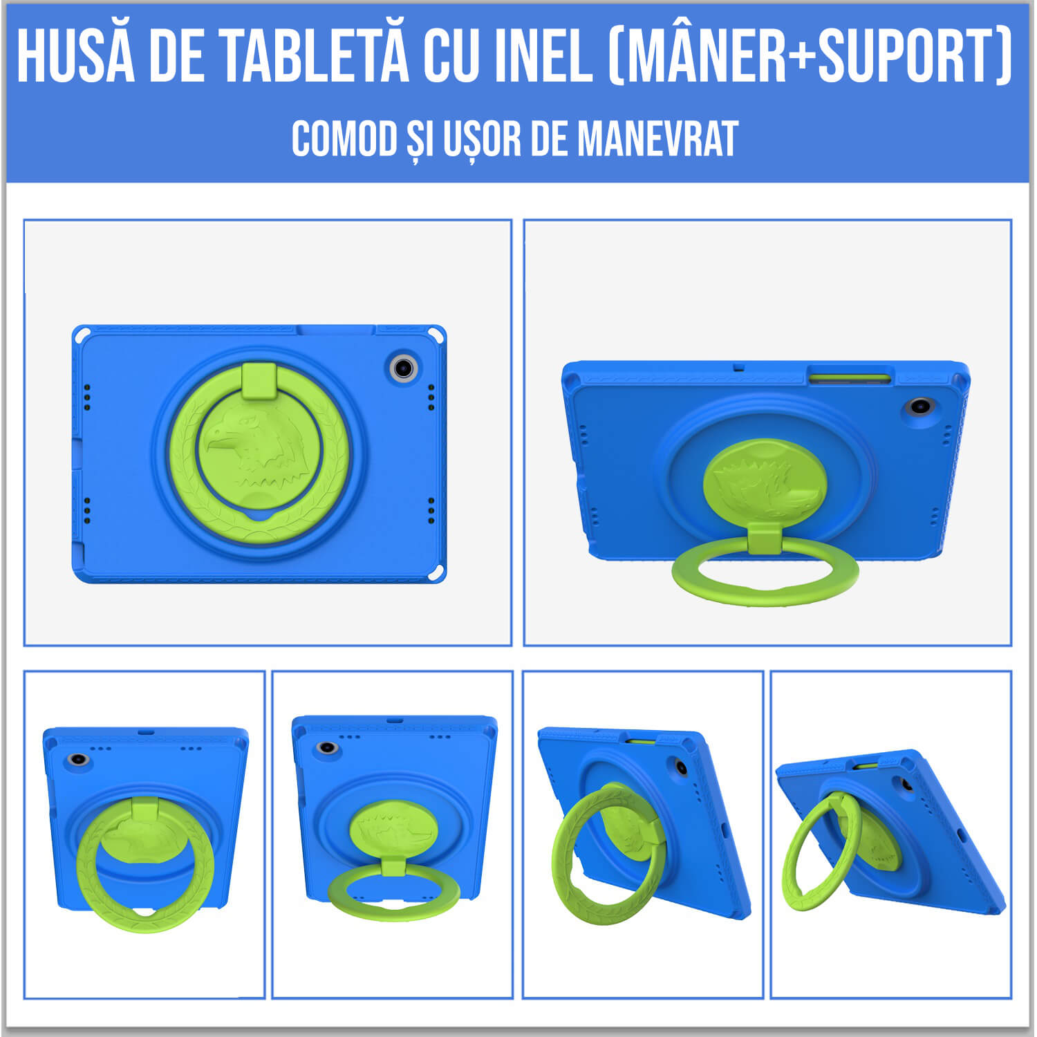 Husa tableta cu protectie fata/spate pentru copii, compatibila cu Samsung Galaxy TAB A7 Lite 8.7" T220/T225, TAB A 8" T290/295 2019, cu suport-inel, spuma, Ideas4Comfort, burete albastru
