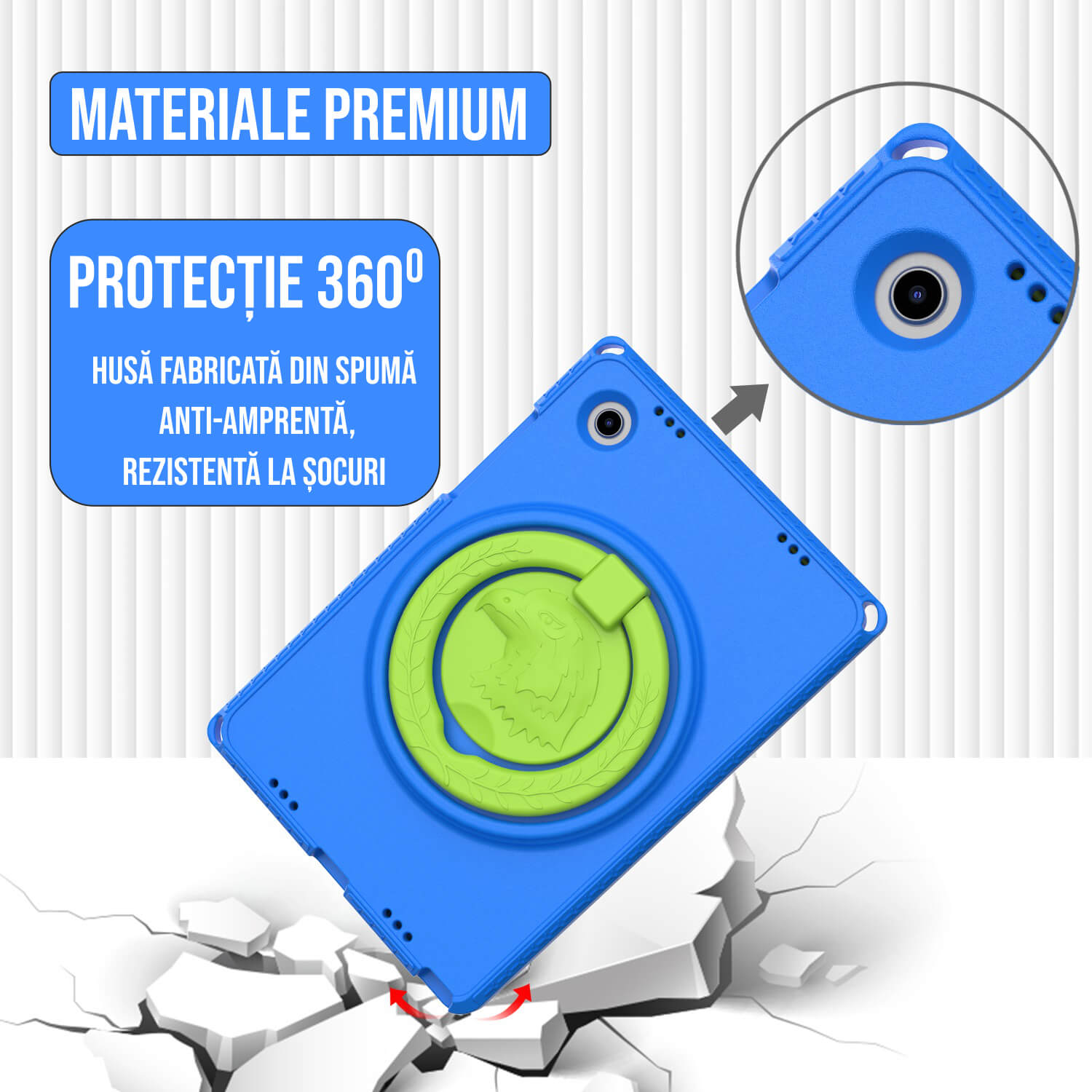 Husa tableta cu protectie fata/spate pentru copii, compatibila cu Samsung Galaxy TAB A7 Lite 8.7" T220/T225, TAB A 8" T290/295 2019, cu suport-inel, spuma, Ideas4Comfort, burete albastru