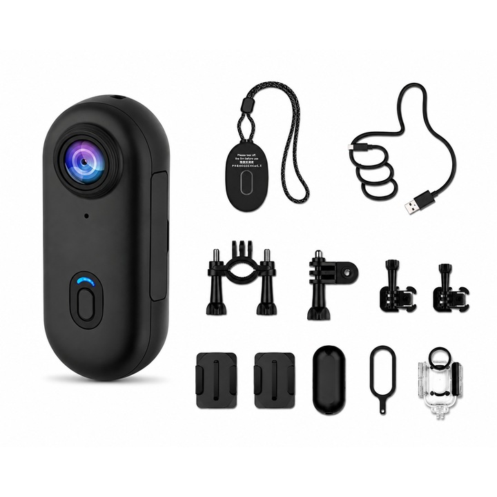 Camera Video Sport Corporala, 4K UltraHD, Wi-Fi, Rezolutie Video 3840*2160, Unghi Larg 120°, Autonomie Pana La 4h, Body Cam Sport, Carcasa Rezistenta La Apa 30m, Baterie 800mAh, Suport Pt Bicicleta, Pachet 8 Accesorii Incluse, Camera Video Actiune, Negru