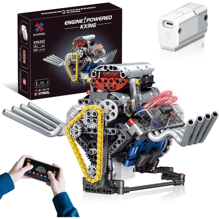 Set de constructie Motor V8 RaSteff®, Blocuri de construit, 665 Piese, Jucarie Educativa, Interactiv, STEM, 665 Piese, Aplicatie dedicata, Mecanic Realist, Cu Lumini si Sunet, Pentru Copii si Adulti, Varsta recomandata 14+