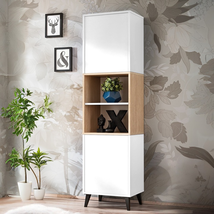 Vitrina Fondi – 2 usi, stil scandinav, alb-lemn, 173x35x46 cm