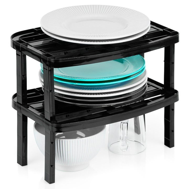 Set 2 Rafturi De Bucatarie, Vilde, 31x22x14.5 Cm / 11.5 cm, Negru, Fabricate Din Plastic, Posibilitate De Ajustare A Inaltimii, Stabile Si Rezistente, Posibilitate De Stivuire