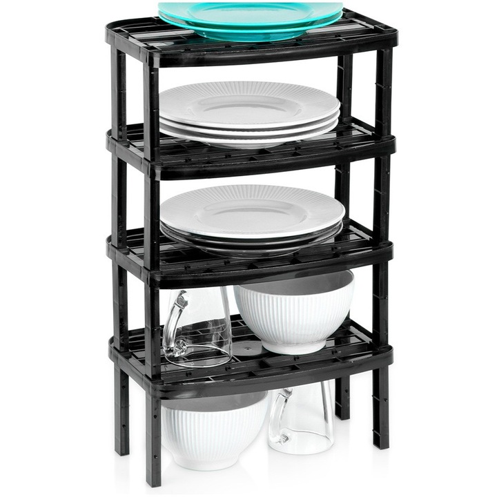 Set 4 Rafturi De Bucatarie, Vilde, 31x22x14.5 Cm / 11.5 cm, Negru, Fabricate Din Plastic, Inaltime Ajustabila, Stabil Si Rezistent, Posibilitate De Stivuir