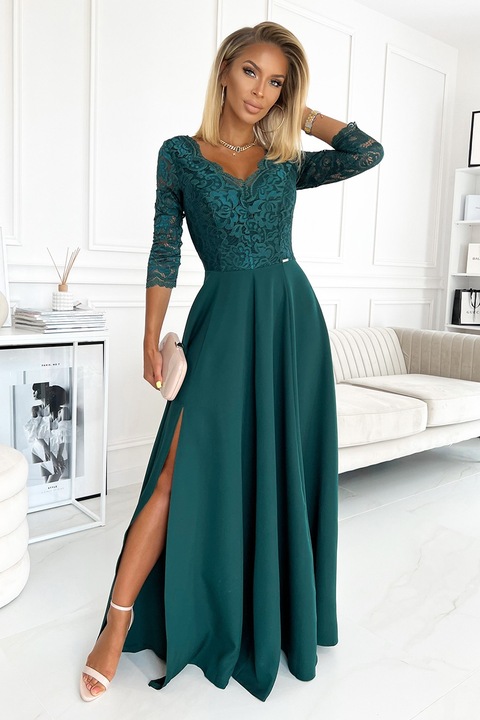 Rochie maxi cu fanta pe picior si decolteu in V, Numoco, XL, Verde sticla