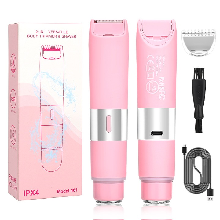 Epilator electric cu doua capete, rezistent la apa pentru intregul corp, usor de curatat, delicat si nedureros, fara a deteriora pielea, potrivit pentru axile, picioare, brate, corp si fata, roz