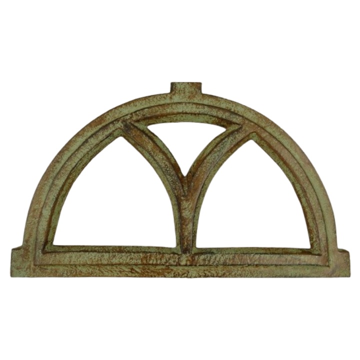 Fereastra decorativa din fonta vopsita, L.39 x H.23cm, Element semicircular verde pentru gradina sau decor rustic