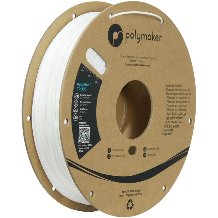 Polymaker PolyFlex TPU 95A filament, 1,75 mm, 750 g, fehér színű