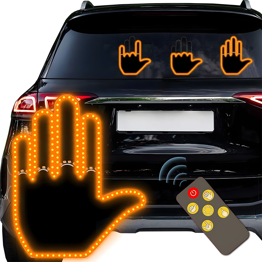 Semn LED Auto cu Telecomanda Teno®, design mana, 4 moduri de utilizare, efect vizual stralucitor, iluminare puternica, compatibilitate universala, negru/portocaliu