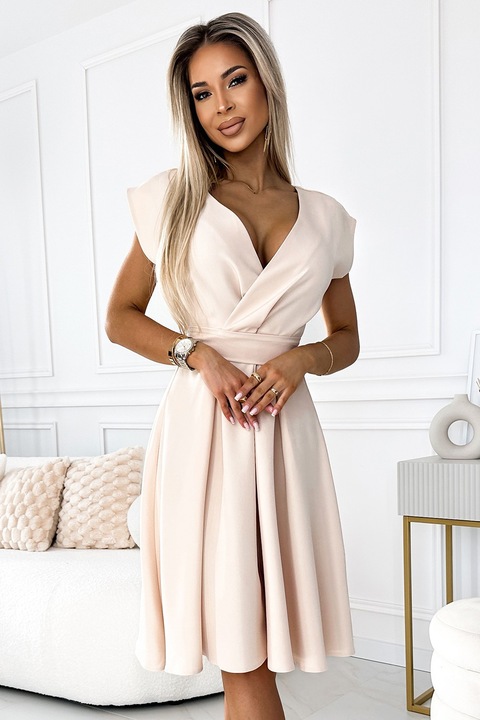 Широка рокля с деколте и колан, Numoco, Бежов