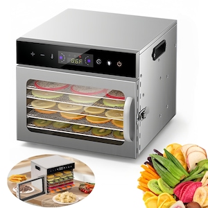 Deshidrator de alimente JFYU® cu 6 tavi cu grilaj marunt, 600W, Inox, Termostat 35-90°C, Timer 24 ore, control digital, display LED
