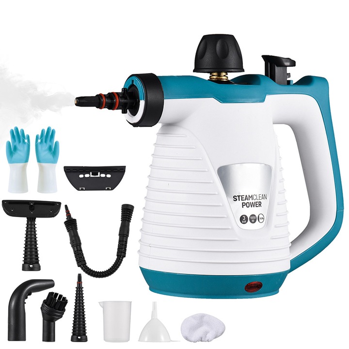 Aparat de curatat cu abur portabil, 1050 W, 300 ml, Presiune 3.0 BAR, Multifunctional, incalzire rapida, portabil, 6 Accesorii, Albastru/alb