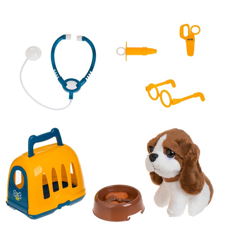 Jucarie transportator galben bleu pentru caine cu 9 accesorii